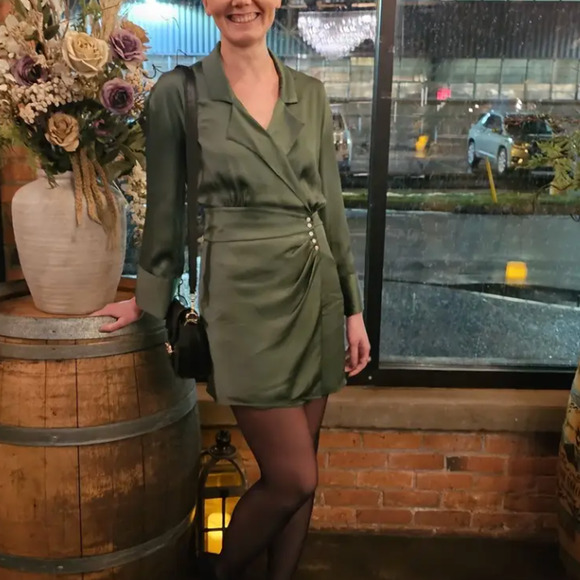 BA&SH Green Mini Shirt Dress XS Wrap Designer Cocktail Satin Ruched Holiday $340 - Picture 4 of 12